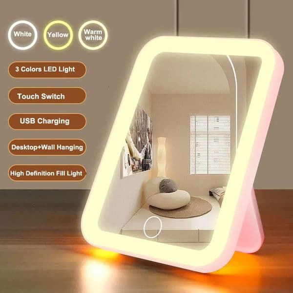 3 Colors LED Vanity Mirror with Touch Screen USB Rechargeable Dimming Makeup Mirror 3 Brightness Portable 260409BJ
