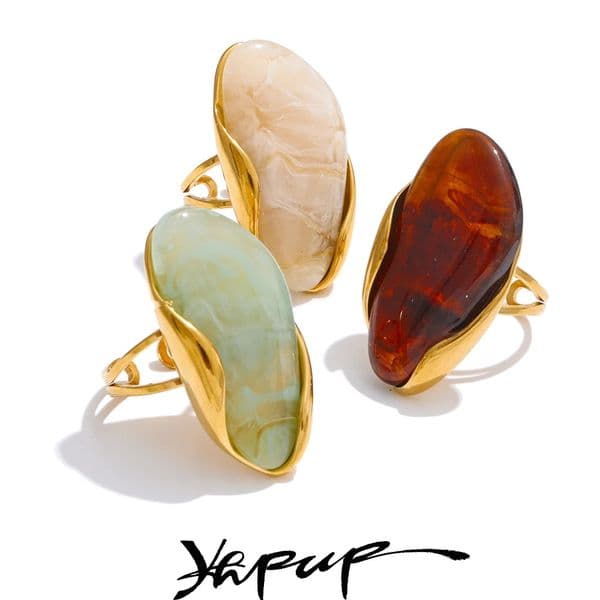 Yhpup n Brown Green Beige Resin Geometric Adjustable Ring Golden PVD Stainless Steel Rust Proof Finger Jewelry Gift 260407BJ