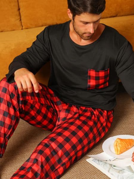 Two piece sets mens pajamas autumn and winter long sleeved pants checkered sleepwear set 260409