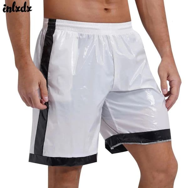 Swimwear Mens Swimming Trunks Wet Look Boxer Shorts Drawstring Elastic Waist Pockets Stripes Beach Sports Pajamas Costume 260331