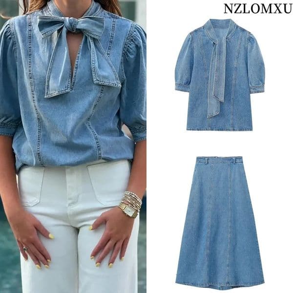Women Blouse Fashion Bowtie Neckline Denim Shirt Casual Loose Fitting Long Sleeves Woman Blouses And Shirts Top 260409