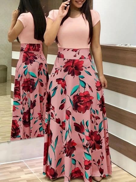 2024 European and American style flower print color matching short sleeved dress for womens large swing skirt260407BJ