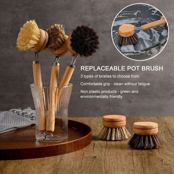 Replaceable Dish Wooden Handle Stain Remove Pot Brush Portable Household Cleaning Scrub Brushes Kitchen Accessories 26Y0409