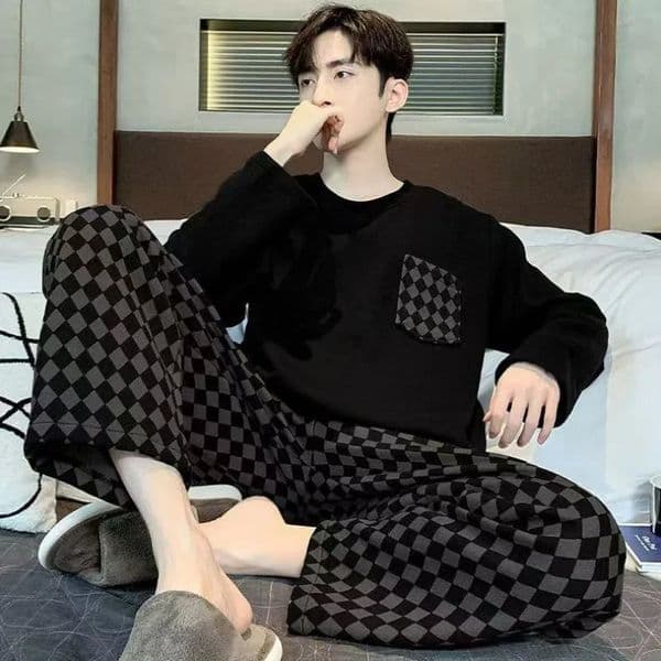 Fall and Winter Plus Size Mens Pajamas Set Cartoon Letter Pullover Long Sleeve Loose Black Plaid Striped Nightwear Homewear 260409
