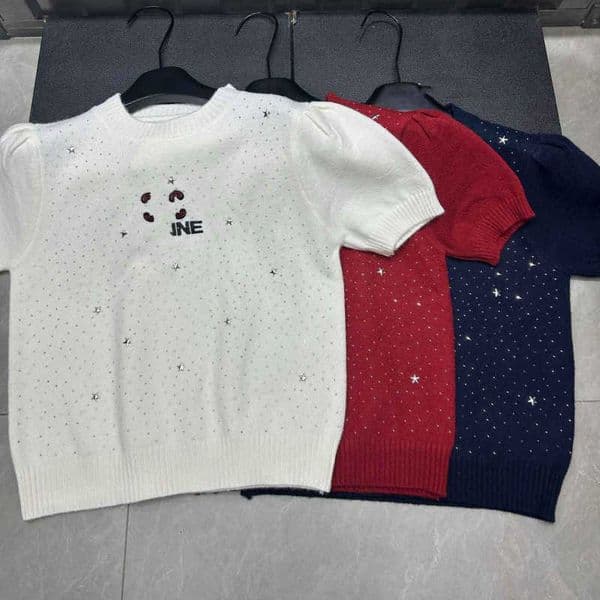 Women's Knits & Tees Designer Spring Collection New Round Neck Slimming Sweater With Rhinestone Short Sleeves OW7H