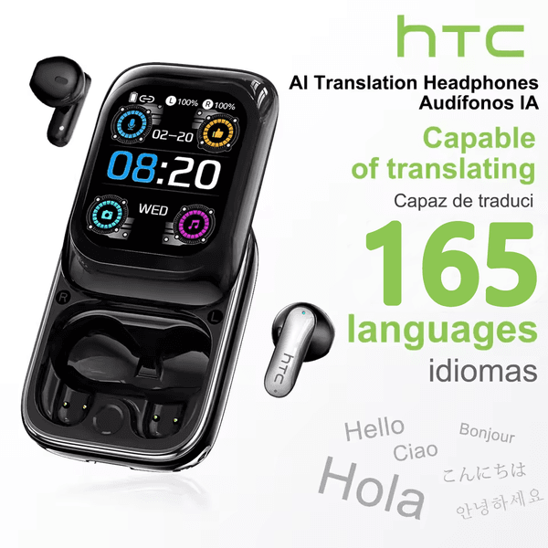 HTC NE48 AI Wireless Earbuds, Bluetooth 6.0, LCD Display, 165-Language Translation, Noise Cancelling, In-ear, Call Function