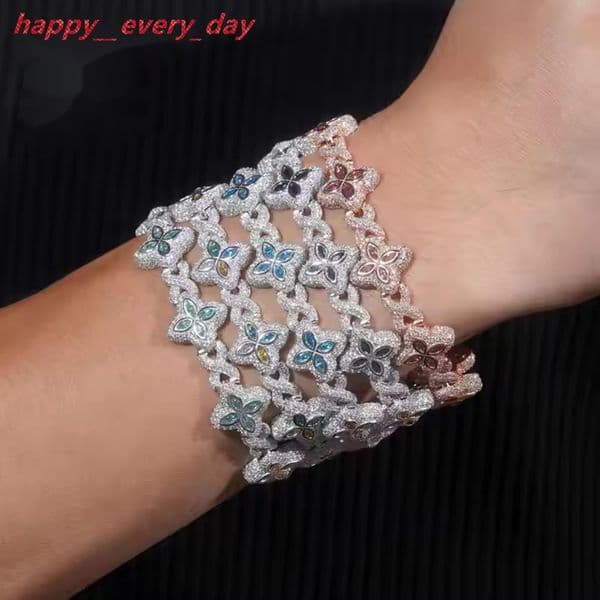 New Design Iced Out Colors Moissanite Cuban Link Chain Sterling Silver 925 Moissanite 15mm Bracelets Hip Hop Mens Jewelry