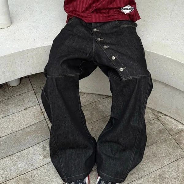 Korean High Street Buckle Curved Jeans Autumn MenS Loose Straight Leg Pants Black Wide Casual HipHop 260408BJ