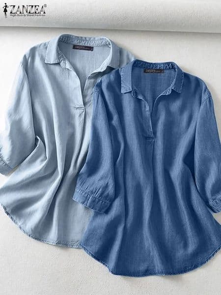 ZANZEA Casual Womens Jeans Blouses Elegant 34 Sleeve Half-Button Collared Shirts Summer Denim-Look Blusas de Mujer Day Wear 260409