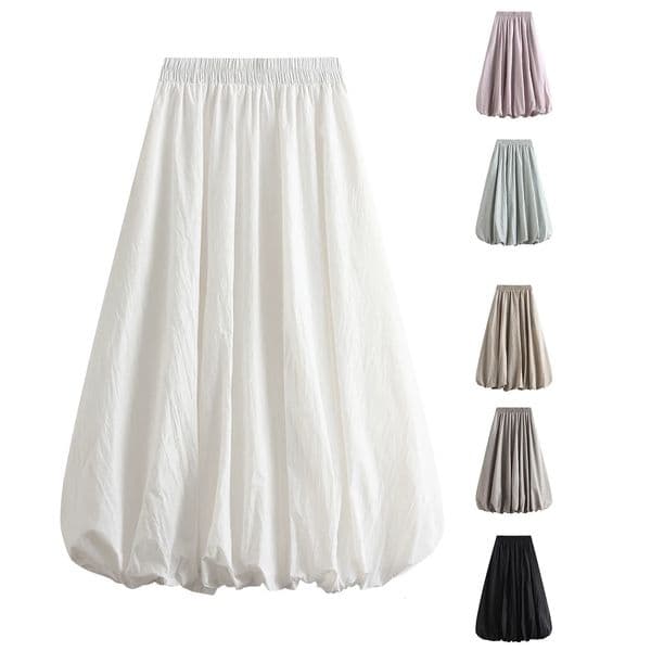 Combhasaki Womens Elegant Elastic High Waist Solid Color A-Line Pleated Pufll Hem Casual Flowy Balloon Bud Midi Skirts 260409