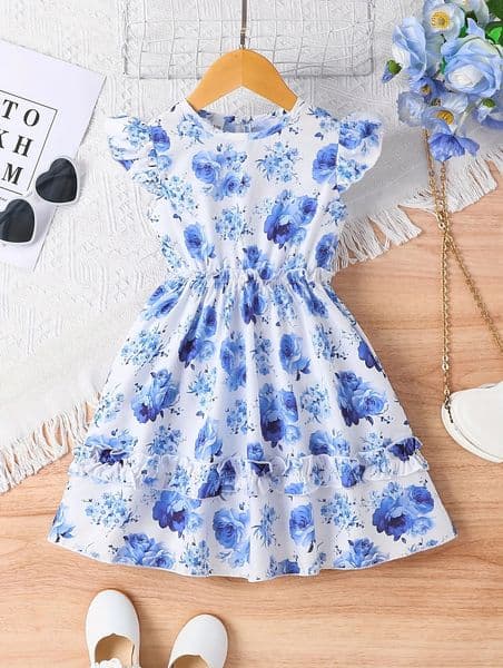 Blue Rose Print Flutter-Sleeve Waist Dress - Double Ruffle Hem Girls Fresh Elegant Pastoral Gown 260408