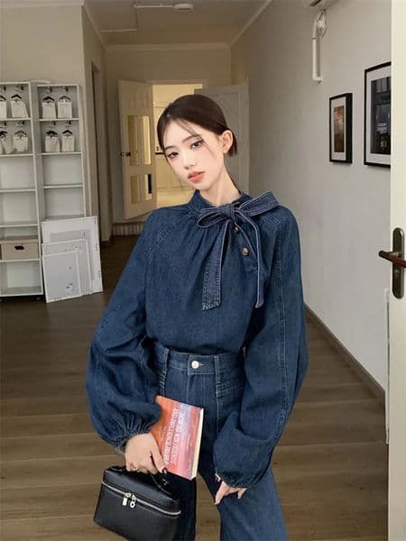 Denim Shirts Women Bow Bandage Puff Long Sleeve O Neck Button Vintage Fashion Ladies Blouse Elegant Tops Casual 260409BJ