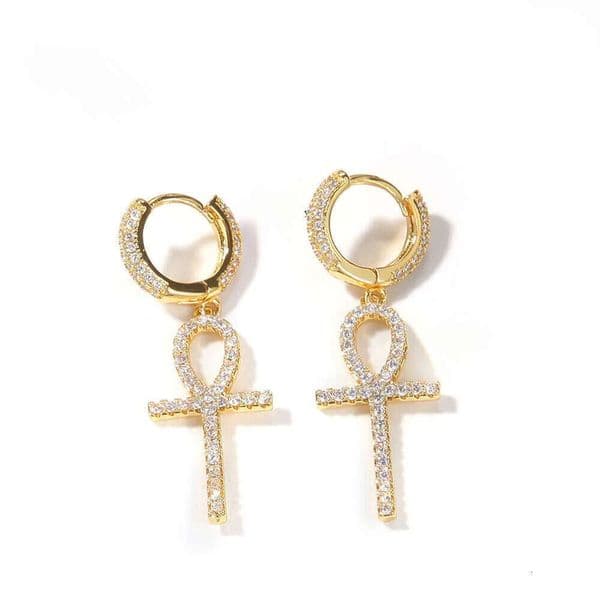Hot Sale New Hip Hop Street Style Punk Full Diamond Ankh Cross Earrings Trendy Ear Jewelry