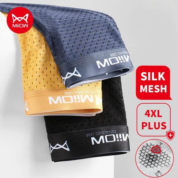 MiiOW 3Pcs Sexy Mesh Men Boxer Underwear Graphene Antibacterial Male Panties Ice Silk Underpants Breathable 4XL Boxershort 260408BJ