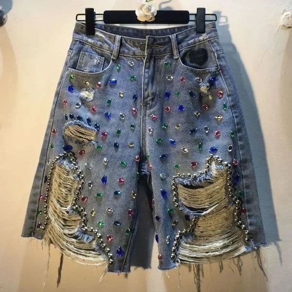 Summer Short Pants High Waist Jeans Hole Shorts Women Stretch Distressed Washed Diamonds Streetwear Straight Denims 260409