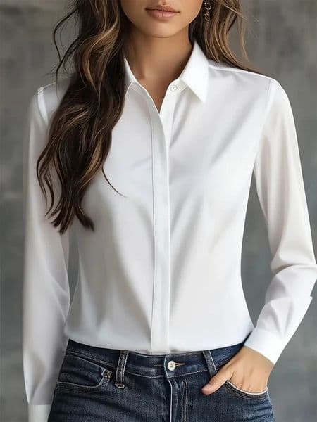 Autumn solid colour long-sleeved versatile shirt lapel satin shirt women 260408BJ