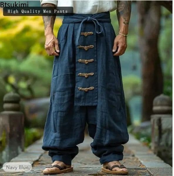 Ethnic Style Casual Cotton Linen Wide Leg Pants Spring Summer Mens Solid Color Lace-up Baggy Pants Vintage Streetwear Male 260408BJ