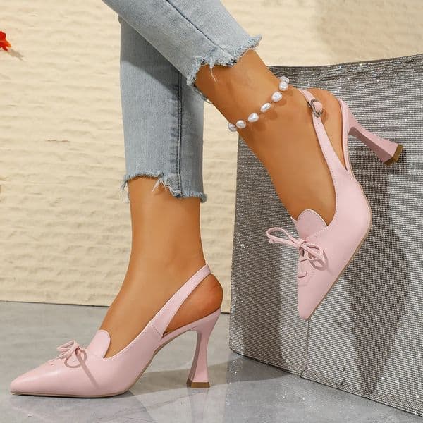 Women Pink Pointed Toe Slingback Pumps Bow Decor Flared Heel Sandals Elegant Dress Shoes for Office Party 260325