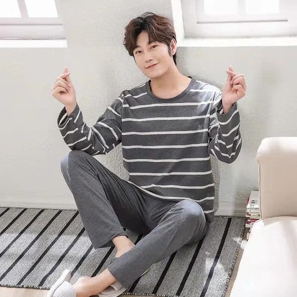 2 Sets of Men Pajamas Set of Long-Sleeved Long Trousers Students Sleepwear Homewear Cartoon O-Neck Striped Nightwear Loungewear 260409BJ