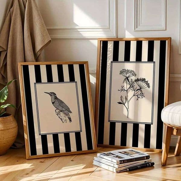 2pcs Noframed Black Bird Floral Wall Art Set - Minimalist Nature Line Drawing Prints Canvas Posters for Office & Bedroom Decor 26H0407
