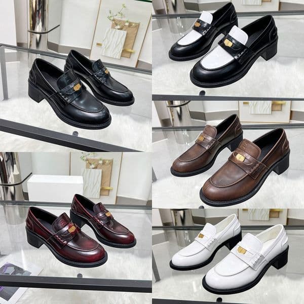 Womens Brushed Leather Loafers Ladies Fashion Heeled 5D276E Designer Retro Gold Coin Chunky Heel Loafers Leather Lining Rubber Sole Leather Insole Size 35 41