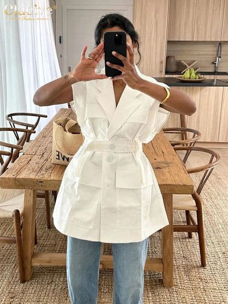 Clacive Fashion Loose White Cotton Womens Shirt 2024 Elegant Lapel Sleeveless Shirts Casual Classic Solid Top Female Clothing 260330