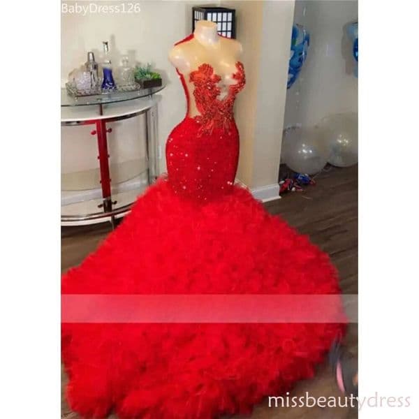 Designer Red Beaded Crystal Tulle Ruched Mermaid Prom Dress with Train - Custom Evening Gown for Black Women BC21987 ZD10
