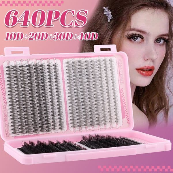 DIY eyelash Extension Kit with Lash Bond and Seal Strong Hold 640Pcs DIY Lash Clusters D Curled Handmade Reusable Lashes Thick Fluffy Individual Eyelashes