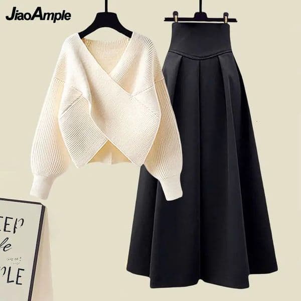 Womens Autumn Winter Fashion Cross Knit Sweater Midi Skirt Two Piece Suit Korean Elegant Loose Pullover Dress Matching Set 260408BJ