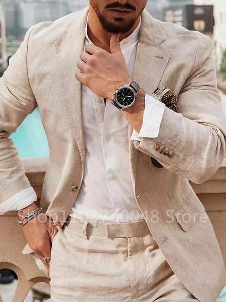 Linen 2 Piece Beige/Blue Men Suits Notch Lapel Jacket Slim Fit Groom Tuxedos Blazer Pants Sets Wedding Prom Party Costume Homme 260409