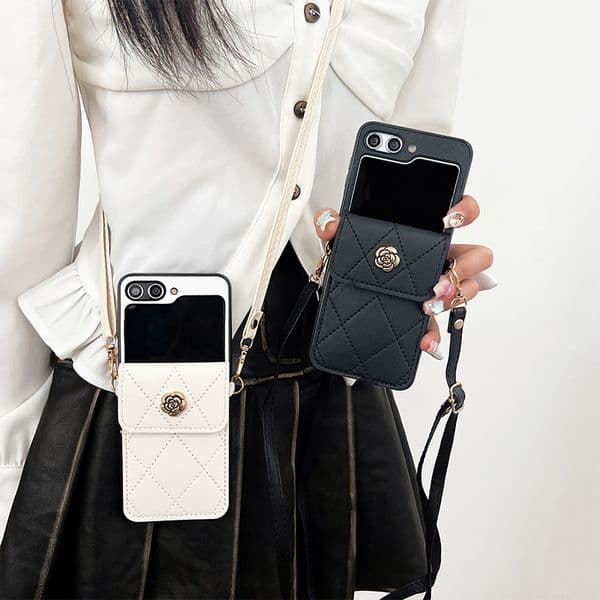 Flip Vertical Wallet Card Holder Phone Case Camellia Crossbody Rope Shoulder Strap for Samsung Galaxy Zflip5 Zflip4 Zflip6
