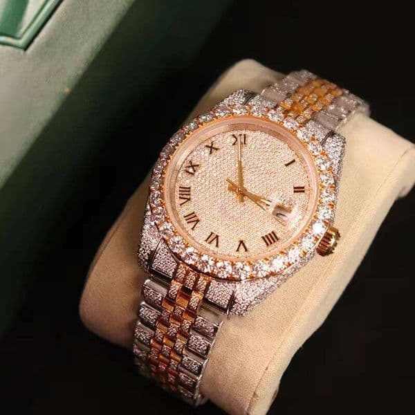Premium Fashion Stainless Steel Glass Moissanite Watch D VVS1 Full Pave Setting Mechanical Movement Pass Diamond Test Factory