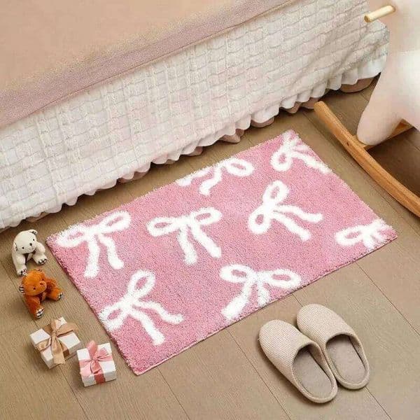 Pink Bow Cute Bath Mat, Non-Slip Soft Bathroom Rug, Adorable Playful Style Floor Mat for Bedroom/Shower/Entranceway Decor 26H0410