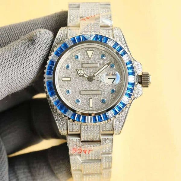 Top Designer Mechanical Calendar Display Square Gem Bezel Full Diamond Moissanite Watch
