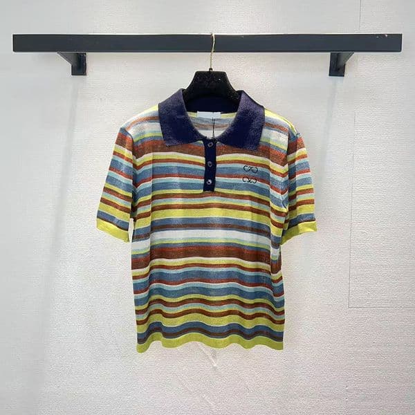 Designer Woman Vintage Stripe Polo Knit Top Loose Breathable Short Sleeve Blouse