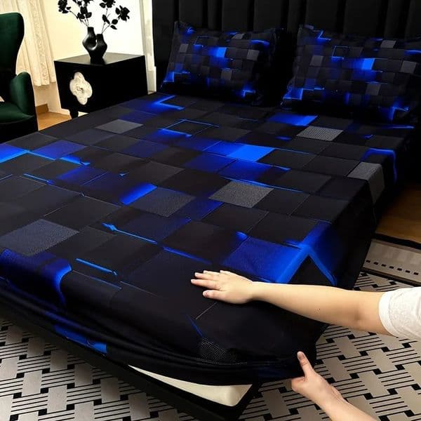 3pcs Cool Technology Digital Printing Material Plaid Fitted Sheet 1pc Bed Sheet2pcs Pillowcase No Filling Deep Pocket In 15 In 260408