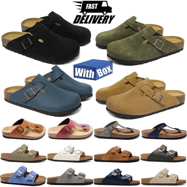With BOX Designer Slippers Unisex Suede Two Strap Cork Mule Clogs Arch Support Slip-on Adjustable Buckle Beach clog Sandals
