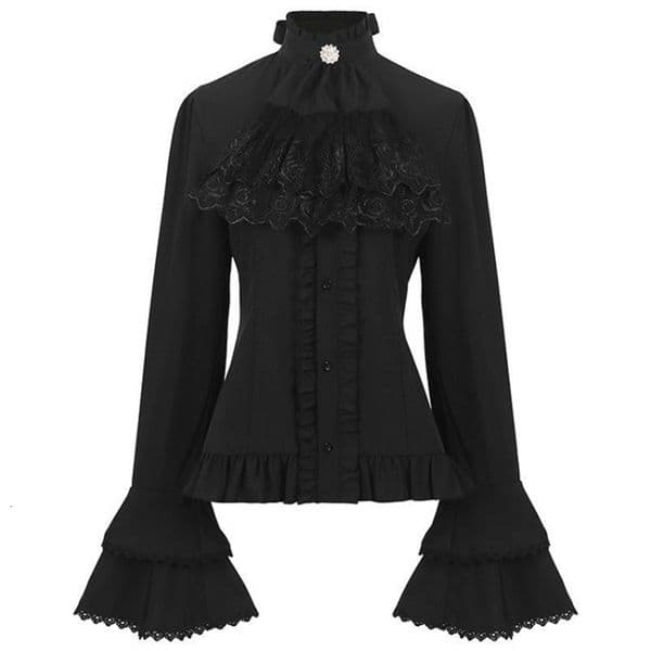 2026 American Retro Pleated Shirts Women Spring Black Bottoming Blusas De Mujer Slim Flare Sleeve Gothic Blouses 260409BJ