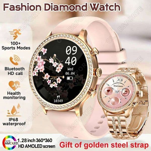 2026 New Fashion Women Diamond Watch 1.28 inch 360*360 HD Display Heart Rate Blood Oxygen Monitoring BT Call Smartwatch 26Y0408