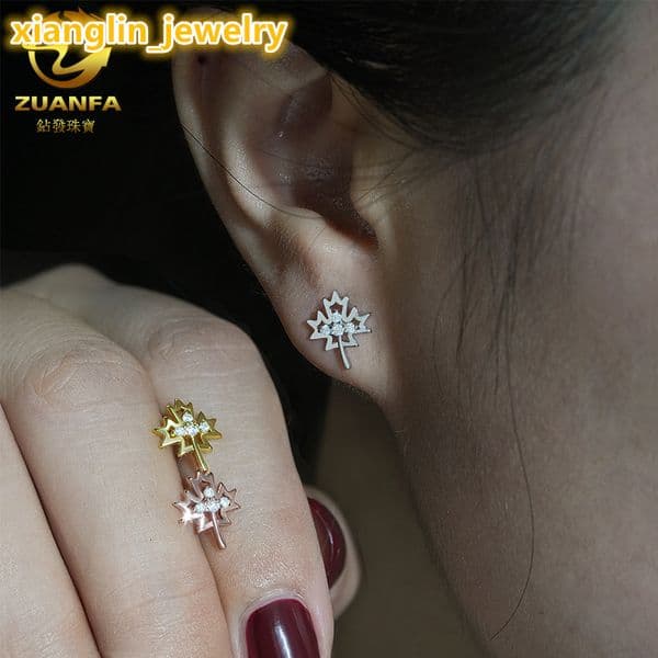 New 925 silver moissanite earrings with creative maple leaf shape hip-hop style earrings for both men and women