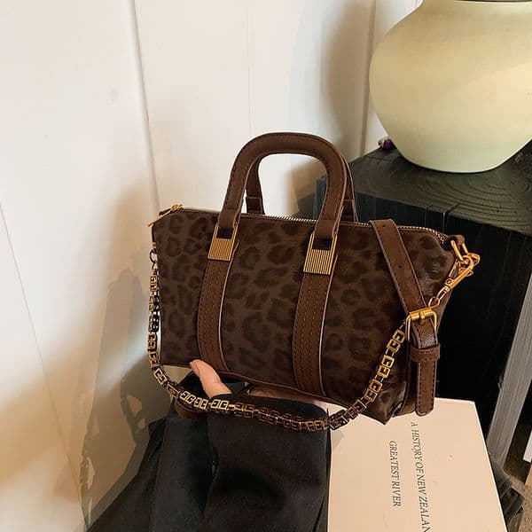 New Leopard Print Boston Bag Set, Vintage Gold Chain Crossbody Handbag, Luxury Mini Envelope Satchel with Coin Pouch for Women