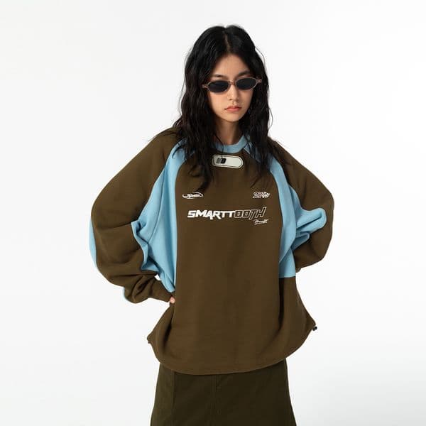 Bestseller Spring American Retro Print National Trend Couple Street Hip-Hop Loose Oversized Color-Block Raglan Sleeve Racing-Themed Sweatshirt Ddmysat