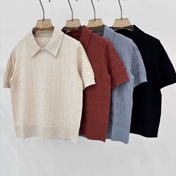 Designer Women's Knits & Tees high end collar knit shirt with textured short-sleeved versatile and slimming top for commuting 6FZ0