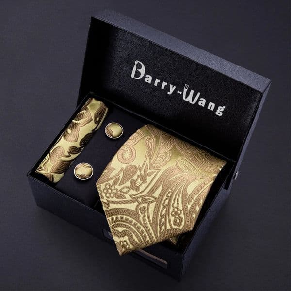 Gold Men Tie Paisley Silk Tie Pocket Square Gift Box Set BarryWang y ner Neck Tie For Men Male Gravat Wedding BB-5150 260409BJ
