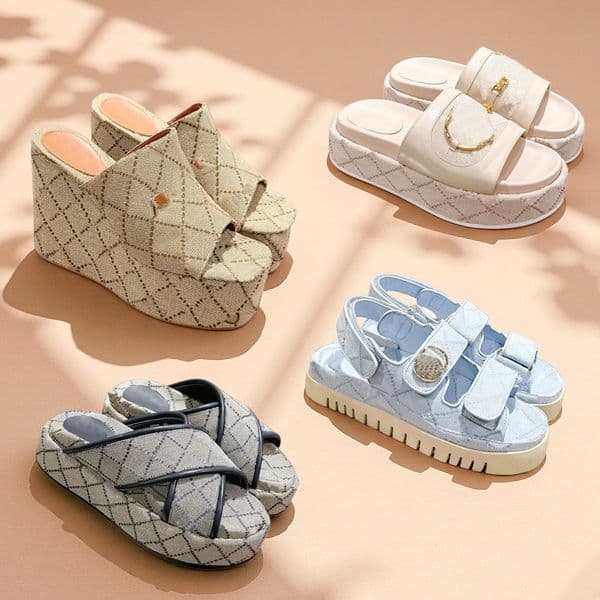 Designer Platform Beach shoe Raffia Horsebit Wedge Sandal Women Summer Classic canvas slide Sandals Button Sandal Shoes Straw Luxury casual dress shoe tazz slipper