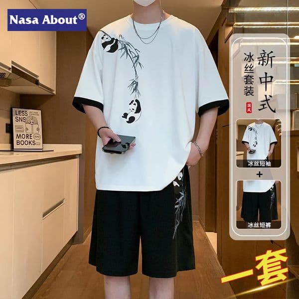 Bestseller NASA Chinese Style Ice Silk Suit For Men, Summer 2025 New Fashion Outfit, Casual Sports Short Sleeve Shorts Trend Ddmysat