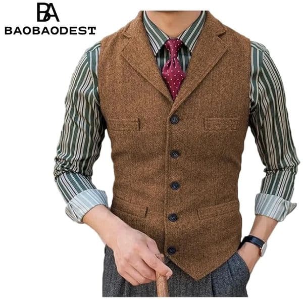 Mens Slim Fit Wool Vest - Custom Herringbone Tweed Waistcoat for Groomsmen Wedding Business Dress Gilet Vintage Style Ta 260409BJ