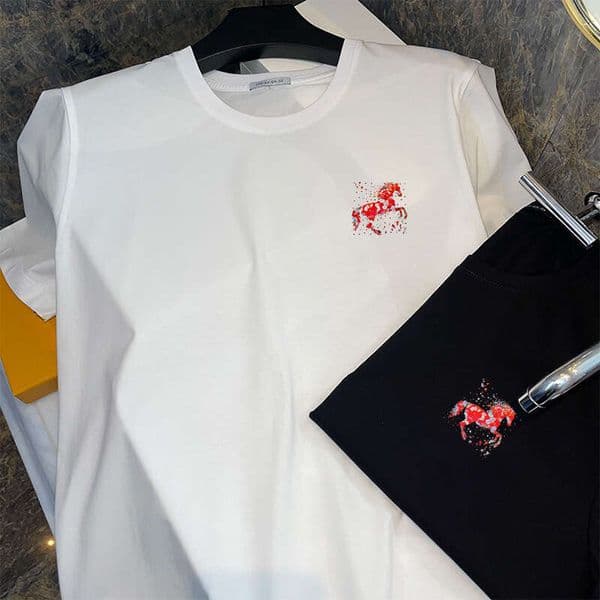 New Fashion Trend Luxury Fashion Men's Short-Sleeve T-Shirt European High-End Brand Red War Horse Print Mercerized Cotton Summer Tee