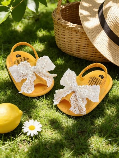 Summer baby girl pearl bow pattern closed toe sandals with anti slip soft rubber sole baby walking shoes 260409