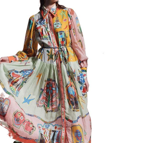 2026 Cross-Border New Women's Clothing Amazon Retro Lantern Printed Long Sleeve Pleated European and American Dress for Women